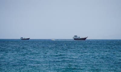 Ships in the Strait of Hormuz, as seen from Musandam, Oman, on Sunday. Reuters