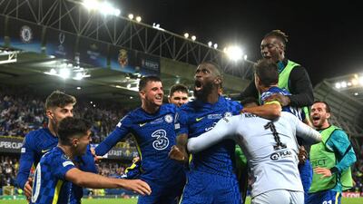 Kepa Arrizabalaga of Chelsea celebrates with teammates after making the match-winning save during the penalty shoot-out in the Uefa Super Cup 2021 match against Villarreal.