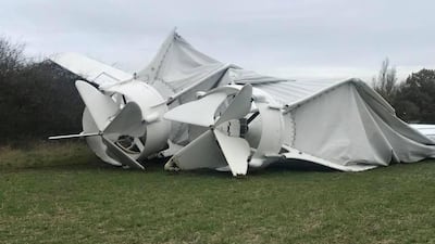 Part of the collapsed airship Airlander 10 is seen in Bedfordshire in this picture obtained from social media. Rob Fletcher / via Reuters