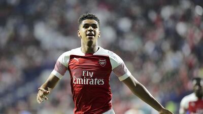 Tyreece John-Jules of Arsenal celebrates after scoring the third goal. Pawan Singh / The National