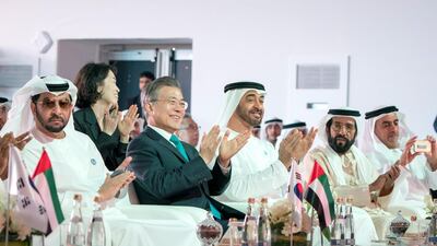 Sheikh Mohammed bin Zayed , Crown Prince of Abu Dhabi Deputy Supreme Commander of the UAE Armed Forces, third left, and Moon Jae-in, President of South Korea, second left, attend the Unit One Construction Completion Celebration, at Barakah Nuclear Energy Plant. Seen with Sheikh Hamdan bin Zayed, Ruler’s Representative in Al Dhafra Region, left, Sheikh Tahnoon bin Mohamed, Ruler's Representative in Al Ain Region, fourth left, and Lt Gen Sheikh Saif bin Zayed Al Nahyan, UAE Deputy Prime Minister and Minister of Interior, right. Rashed Al Mansoori / Crown Prince Court - Abu Dhabi