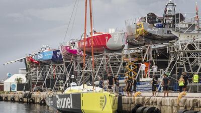 The fleet of yachts for the 2014/15 Volvo Ocean Race are shown ashore in Alicante Boatyard on Monday ahead of the Saturday in-port race that will officially kick off the regatta. Ainhoa Sanchez / Volvo Ocean Race
