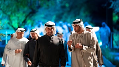 President Sheikh Mohamed and Dr Sultan Al Jaber, Minister of Industry and Advanced Technology, group chief executive of Adnoc and chairman of Masdar, attend the launch of the Mohamed bin Zayed Water Initiative at Niqa bin Ateej water tank and park in Khalidiyah.