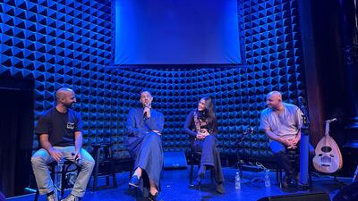 From left, founder Mikey Muhanna, rapper Omar Offendun, composer Mona Miari and musician Zafer Tawil at Afikra's anniversary celebrations. Photo: Afikra