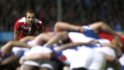 Georgia's Tamaz Mchedlidze observes a scrum on Wednesday night during his team's Rugby World Cup win over Namibia. Peter Cziborra / Action Images / Reuters / October 7, 2015