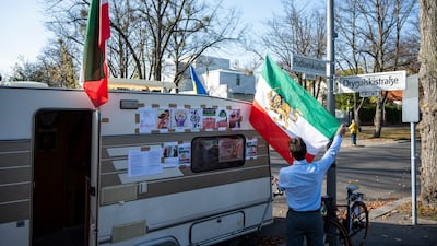 A protest camp in front of the Iranian Embassy in Berlin in solidarity with protesters in Iran. AP