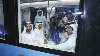 Sheikh Mohammed, Sheikh Hamdan and Sheikh Maktoum try out metro trains that will be used on the Expo 2020 extension line. Wam