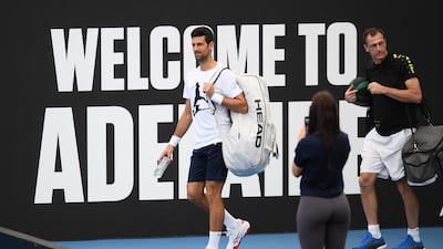 Novak Djokovic arrives on centre court during a media opportunity ahead of the 2023 Adelaide International at Memorial Drive on December 28, 2022 in Adelaide, Australia. Getty