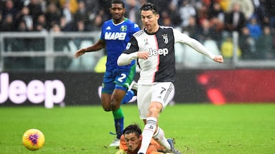 Juventus' Cristiano Ronaldo scores a disallowed goal. Reuters