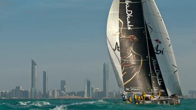 Abu Dhabi Ocean Racing, skippered by Ian Walker from the UK at the finish of leg 2 of the Volvo Ocean Race 2011-12, from Cape town, South Africa, to Abu Dhabi, UAE. Marc Bow/Volvo Ocean Race)