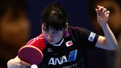 Miu Hirano of Japan in action against Lee Zion of Korea during Day 1 of the 2016 Table Tennis Asian Cup at Dubai World Trade Centre on April 28, 2016 in Dubai. (Photo by Warren Little/Getty Images)