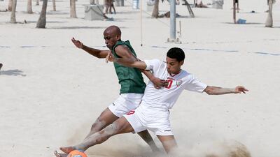 Abdul Hussain, right, and the UAE squad went winless at the Beach Soccer World Cup last month but will try to rebound in Dubai next month. Pawan Singh / The National