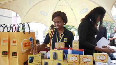 MTN Nigeria products on display in Lagos during the 2013 launch of mobile number portability in Nigeria. Sunday Alamba / AP Photo