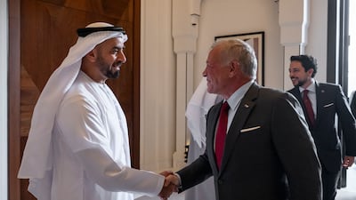 Sheikh Saif bin Zayed, Deputy Prime Minister and Minister of Interior, greets King Abdullah II at Al Shati Palace. Hamad Al Kaabi / UAE Presidential Court