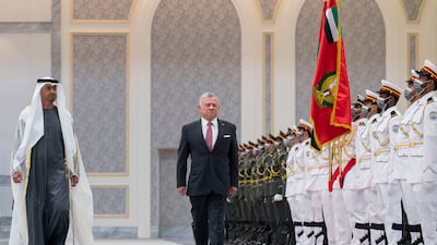 Sheikh Mohamed bin Zayed, Crown Prince of Abu Dhabi and Deputy Supreme Commander of the Armed Forces, and King Abdullah II of Jordan inspect the UAE's honour guard during a reception at the Presidential Airport. All photos: Ministry of Presidential Affairs