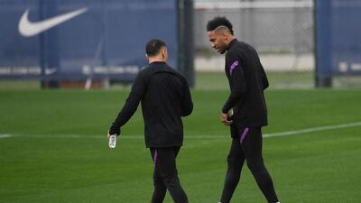 Barcelona's Pierre-Emerick Aubameyang, right, at training. AFP