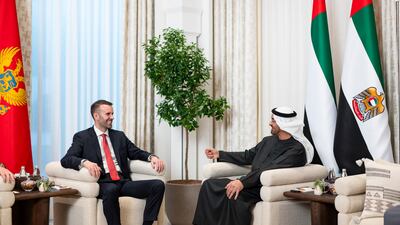 President Sheikh Mohamed meets with Milojko Spajic, Prime Minister of Montenegro at Al Shati Palace