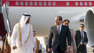 Sheikh Mohamed bin Zayed, Crown Prince of Abu Dhabi talks with Egyptian President, Abdel Fattah El Sisi. Mohamed Al Hammadi / Ministry of Presidential Affairs