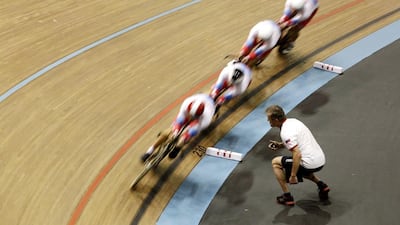 A picture taken with a slow shutter speed shows cyclists of the Russian men’s team in action at UCI Cali 2017 World Cup in Cali, Colombia. EPA