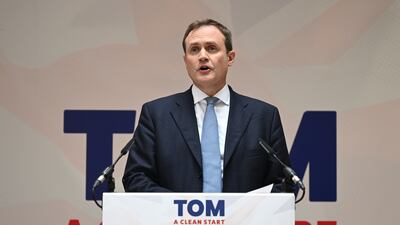 Tom Tugendhat delivers the first speech of his Conservative Party leadership campaign in London. Getty