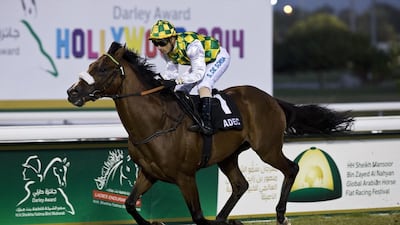 Areem carries Silvestre De Sousa to the win in the Liwa Oasis during the 13th race meeting of the season held at the Abu Dhabi Golf and Equestrian Club on March 2, 2014. Antonie Robertson / The National