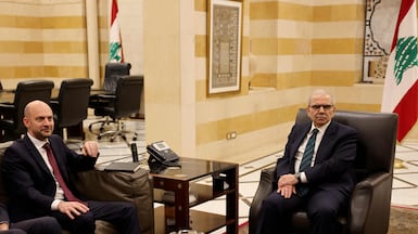 French Foreign Minister Jean-Noel Barrot, left, with Lebanese Prime Minister Nawaf Salam in Beirut. AFP