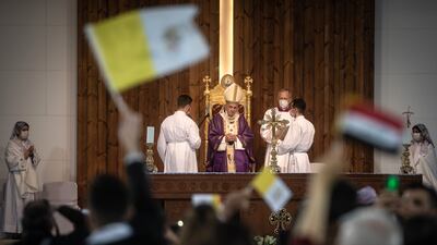 Pope Francis in March 2021 conducts mass at the Franso Hariri Stadium in Erbil, Iraq. Getty Images