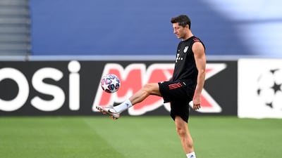 Robert Lewandowski of Bayern Munich in action during the training session. Getty