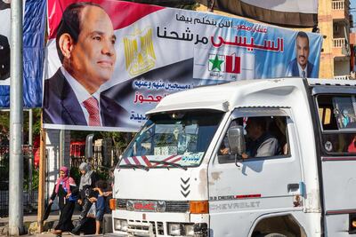 An election banner in Cairo for Abdel Fattah El Sisi, who will continue as Egypt's president until 2030 after winning the poll in December. Bloomberg.