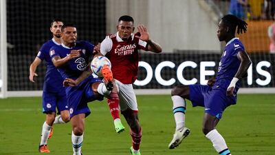 Gabriel Jesus tries to control the ball between Chelsea defenders Thiago Silva, left, and Trevoh Chalobah. AP