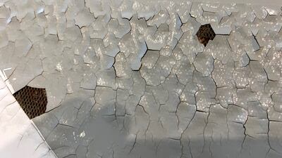 An undated image shows what appears to be paint peeling, cracking and exposed expanded copper foil on the fuselage of a Qatar Airways A350 aircraft grounded by the Qatari aviation regulator. Image obtained by Reuters