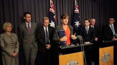 Sports minister Kate Lundy is flanked by representatives from Australia's leading sporting bodies after the publication of a new report warning of widespread use of PEDs.