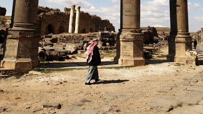 Ruins of a Corinthian colonnaded nymphaeum at Bosra, site of an ancient complex in southern Syria.