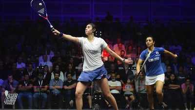 Nour El Sherbini competes against Raneem El Welily during the women's final match of the PSA Dubai World Series Finals 2018 at Emirates Golf Club. Getty