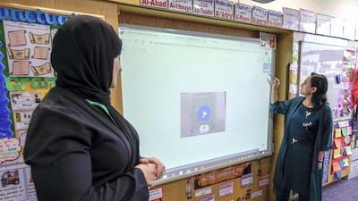 Teacher, Taira Astab during an online lecture at the Al Yasmina Academy in Abu Dhabi, on March 19, 2020. Victor Besa / The National