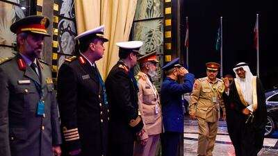 Mohammed al-Ayash (R), Saudi Arabia’s assistant Minister for Defense, arrives for the opening of the 15th Manama Dialogue. AFP