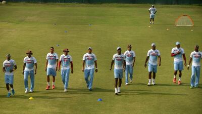 West Indies cricketers warm up during the training session at the Sher-e-Bangla National Cricket Stadium in Dhaka on Wednesday. Sri Lanka play West Indies on Thursday in the first semi-final of the World Twenty20 cricket tournament in Bangladesh. Punit Paranjpe / AFP / April 2, 2014