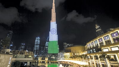 Burj Khalifa is lit up with the colours of the Indian flag. Leslie Pableo for The National