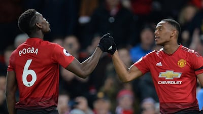 Manchester United's Anthony Martial celebrates scoring their second goal Pogba. Reuters