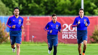 Colombia's Radamel Falcao, left, endured unhappy spells at both Chelsea and Manchester United in the Premier League, while Juan Quintero, centre, has put in some sparkling displays in helping his national team reach the last 16 of the World Cup. Luis Acosta / AFP