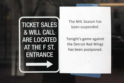 WASHINGTON, DC - MARCH 12: Signs outside read that the NHL Season has been suspended after the Detroit Red Wings against the Washington Capitals game was postponed due to the coronavirus at Capital One Arena on March 12, 2020 in Washington, DC. Today the NHL announced is has suspended their season due to the uncertainty of the coronavirus (COVID-19) with hopes of returning. The NHL currently joins the NBA, MLS, as well as, other sporting events and leagues around the world suspending play because of the coronavirus outbreak. Patrick Smith/Getty Images/AFP == FOR NEWSPAPERS, INTERNET, TELCOS & TELEVISION USE ONLY ==