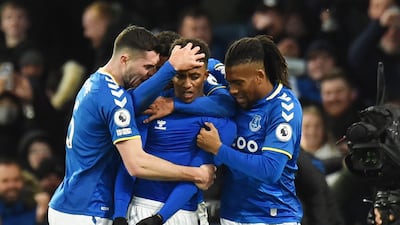 Demarai Gray celebrates Everton's winner in the 2-1 victory against Arsenal at Goodison Park. EPA
