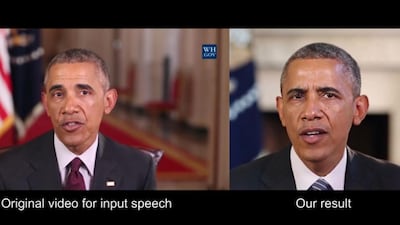 A screenshot of the video Synthesizing Obama: Learning Lip Sync from Audio. A neural network first converts the sounds from an audio file into basic mouth shapes. Then the system grafts and blends those mouth shapes onto an existing target video and adjusts the timing to create a new realistic, lip-synced video. Courtesy University of Washington