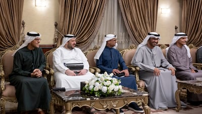 Mohamed Ali Al Shorafa, Abu Dhabi Executive Council Member and Chairman of the Department of Municipalities and Transport, Mohamed Hassan Al Suwaidi, UAE Minister of Investment, Jassim Mohamed Buatabh Al Zaabi, Abu Dhabi Executive Council Member and Chairman of the Abu Dhabi Department of Finance, Dr Sultan bin Ahmed Al Jaber, UAE Minister of Industry and Advanced Technology Group CEO of Adnoc and Chairman of Masdar and Ali Mohamed Hammad Al Shamsi, Secretary General of the UAE Supreme Council for National Security, attend a meeting with Mr El Sisi, in Cairo. Photo: Abdulla Al Neyadi / UAE Presidential Court