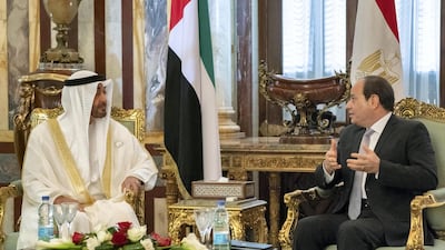 Sheikh Mohamed meets with President Sisi, at Ras El Tin Palace. Rashed Al Mansoori / Ministry of Presidential Affairs