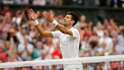 Serbia’s Novak Djokovic celebrates winning the fourth round match against France’s Adrian Mannarino at Wimbledon.