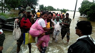 Indian military personnel conducting rescue operations in the flood affected areas in Belagavi district in North Karnataka, India. EPA