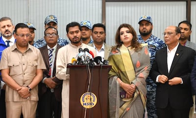Bangladeshi minister Nurul Haque Nur, centre, flanked by colleagues who are calling for an end to innocent people being killed in the Iran war. Photo: Bangladesh Ministry of Expatriate Welfare