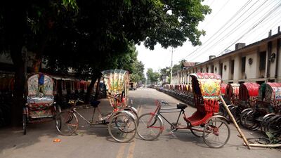 A makeshift barricade set up with rickshaw on a road in Dhaka, Bangladesh, 21 April 2020. EPA