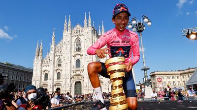 Team Ineos rider Egan Bernal celebrates after winning the Giro d'Italia on Sunday. AFP